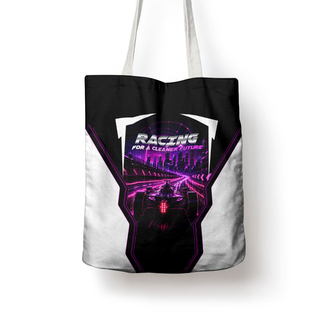 Electric Motorsport Racing Tote Bag Futuristic Neon Formula Race Car Skyline Art