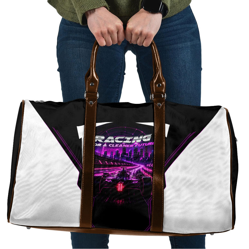 Electric Motorsport Racing Travel Bag Futuristic Neon Formula Race Car Skyline Art