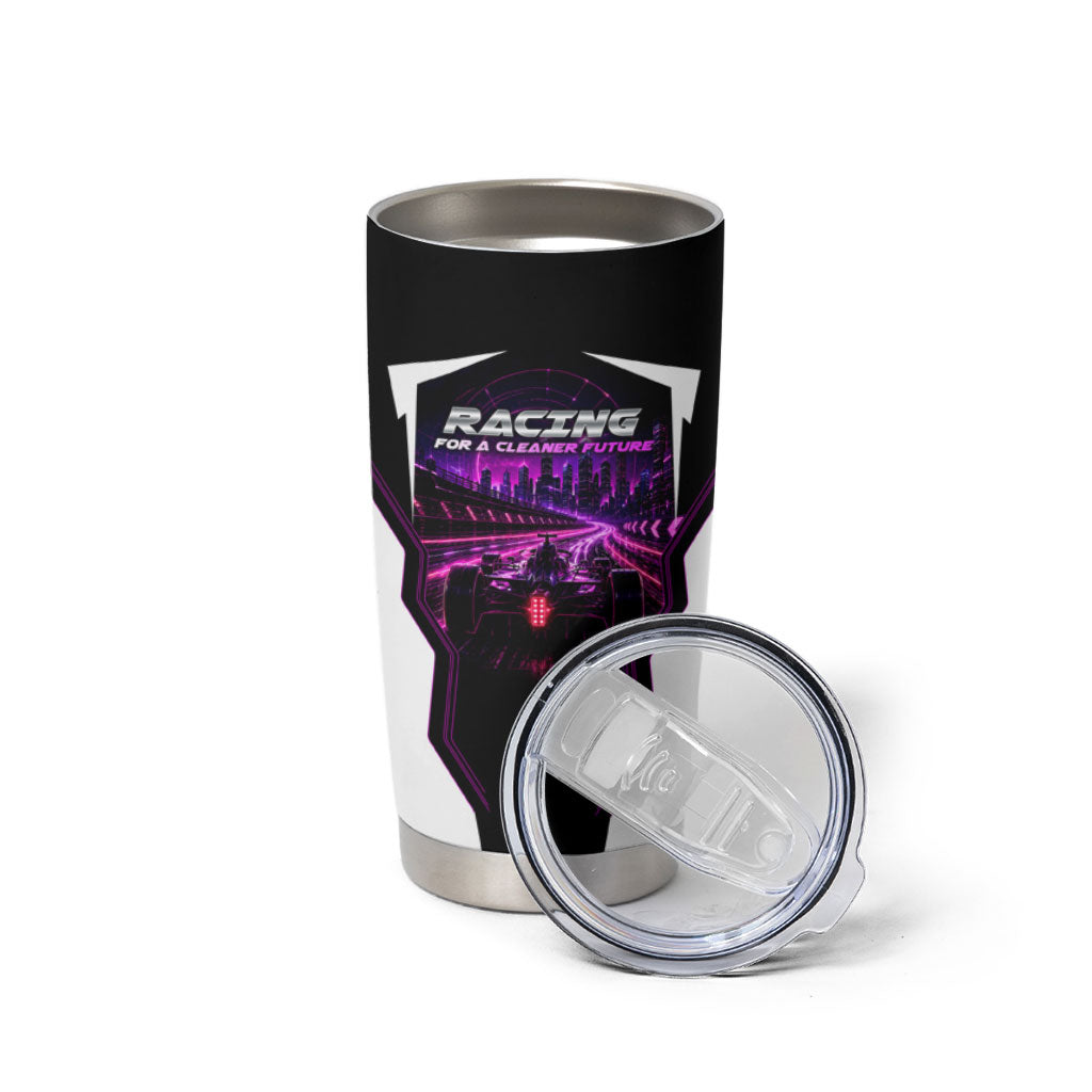 Electric Motorsport Racing Tumbler Cup Futuristic Neon Formula Race Car Skyline Art