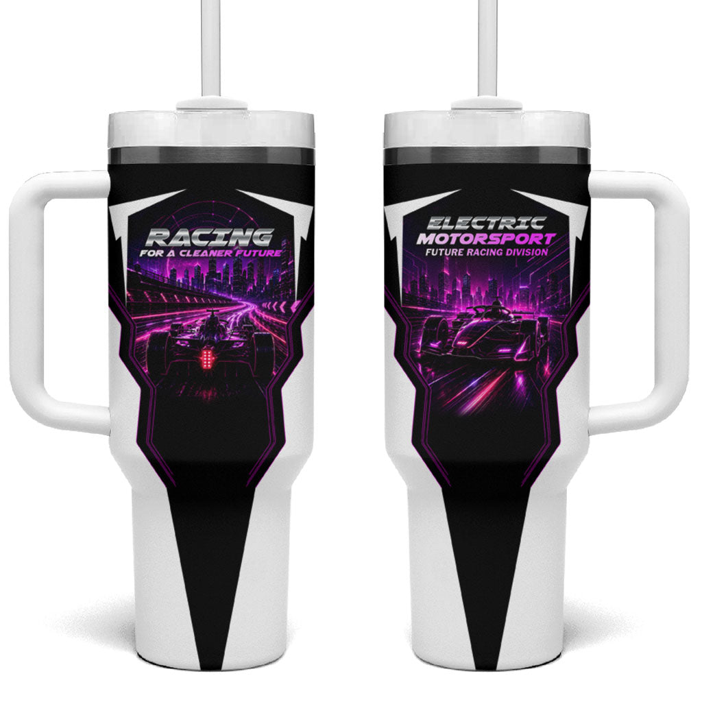 Electric Motorsport Racing Tumbler With Handle Futuristic Neon Formula Race Car Skyline Art