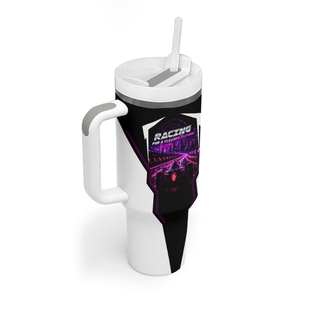 Electric Motorsport Racing Tumbler With Handle Futuristic Neon Formula Race Car Skyline Art