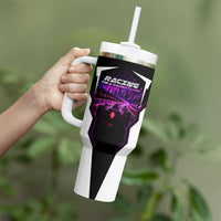 Electric Motorsport Racing Tumbler With Handle Futuristic Neon Formula Race Car Skyline Art