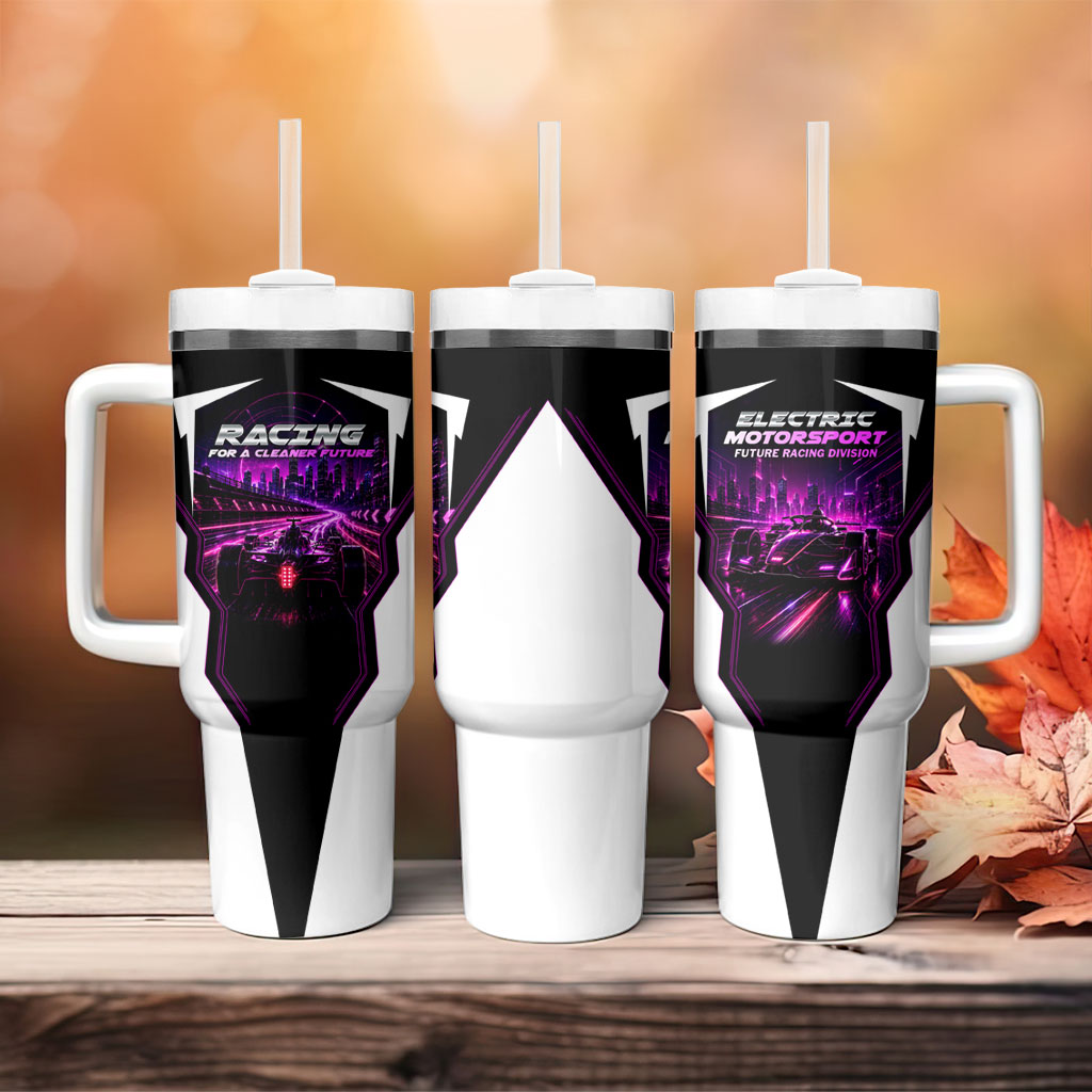 Electric Motorsport Racing Tumbler With Handle Futuristic Neon Formula Race Car Skyline Art
