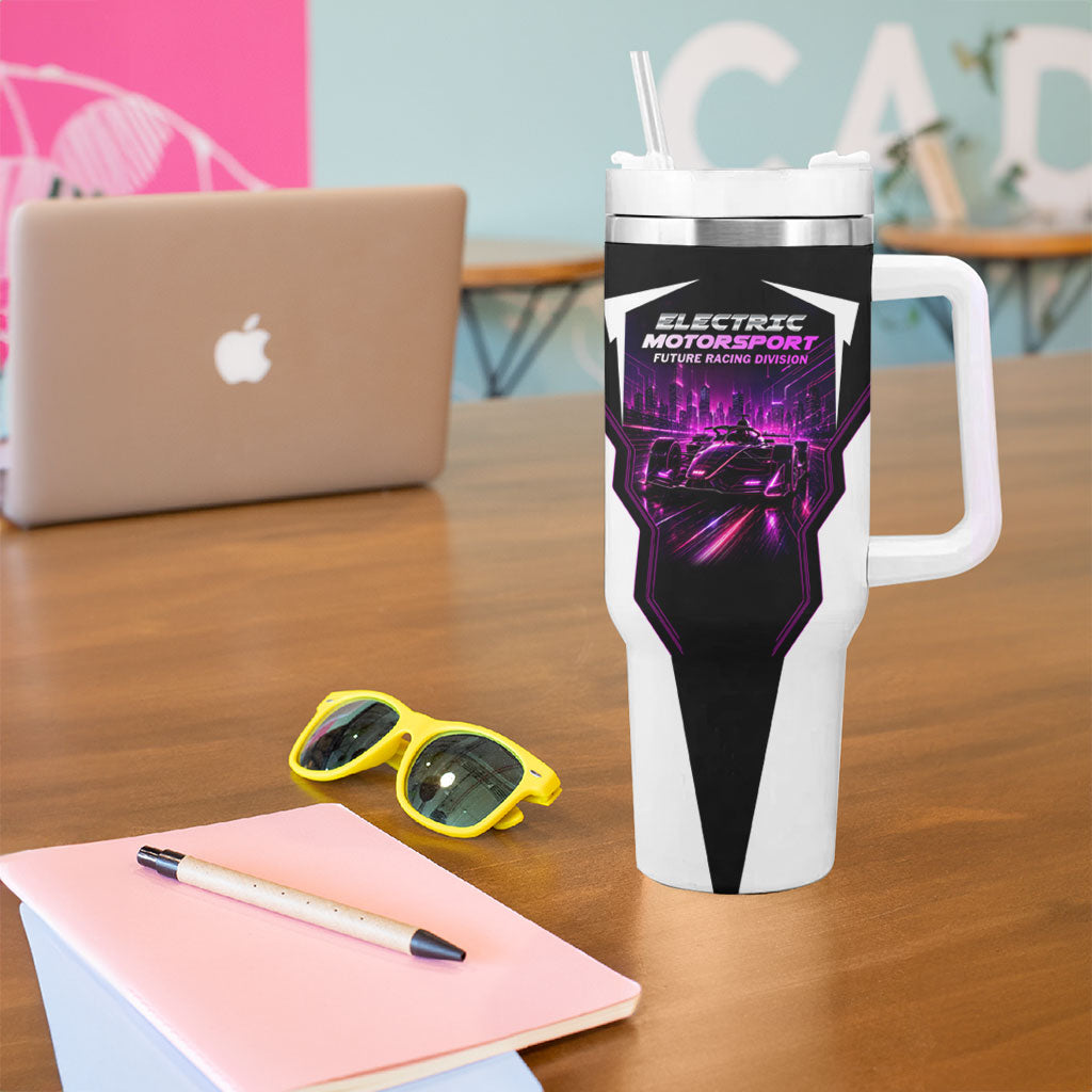 Electric Motorsport Racing Tumbler With Handle Futuristic Neon Formula Race Car Skyline Art