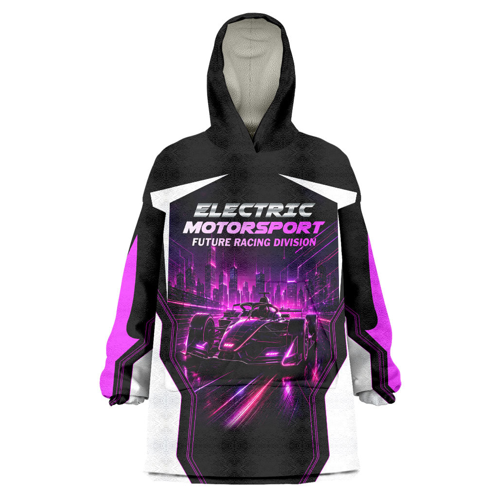 Electric Motorsport Racing Wearable Blanket Hoodie Futuristic Neon Formula Race Car Skyline Art