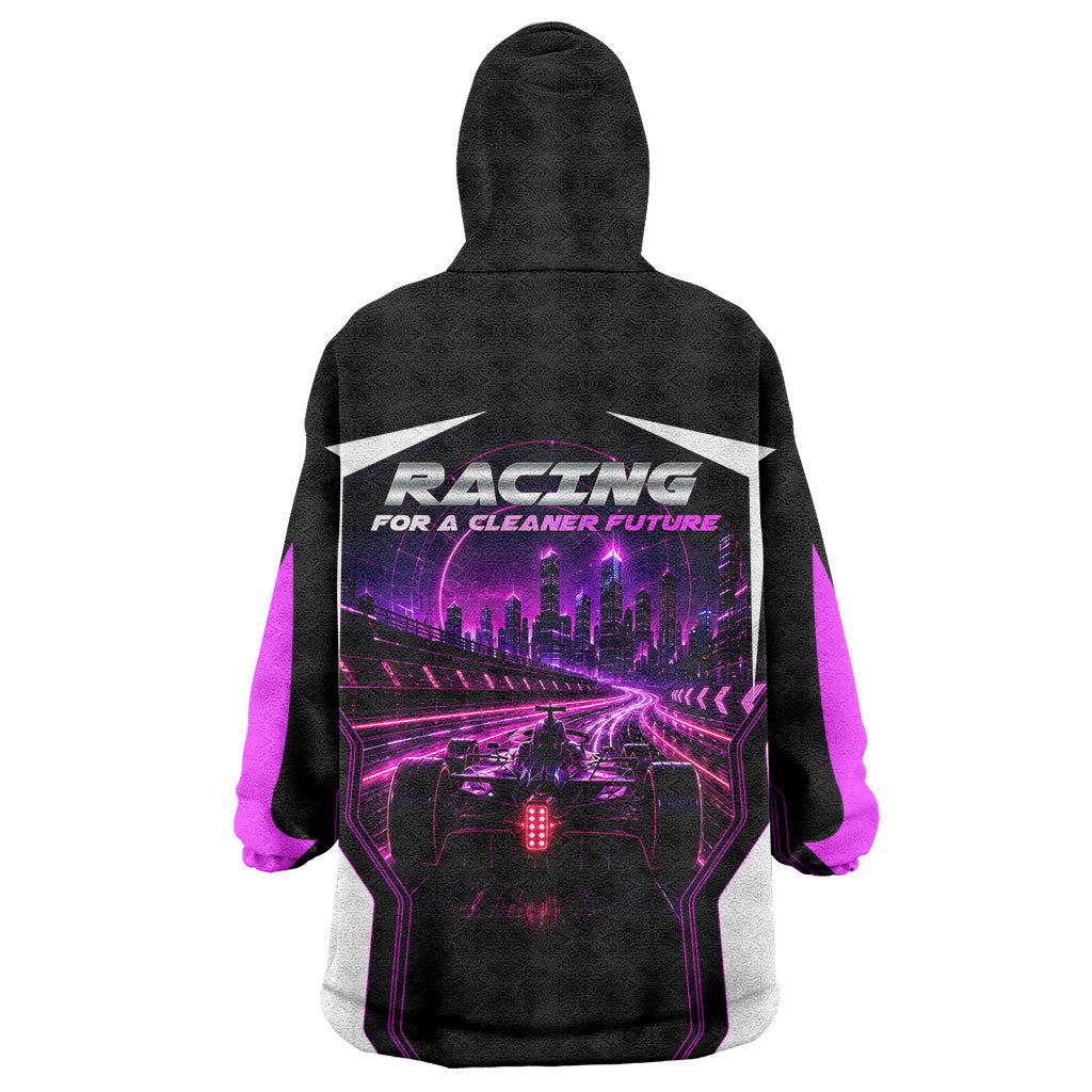 Electric Motorsport Racing Wearable Blanket Hoodie Futuristic Neon Formula Race Car Skyline Art