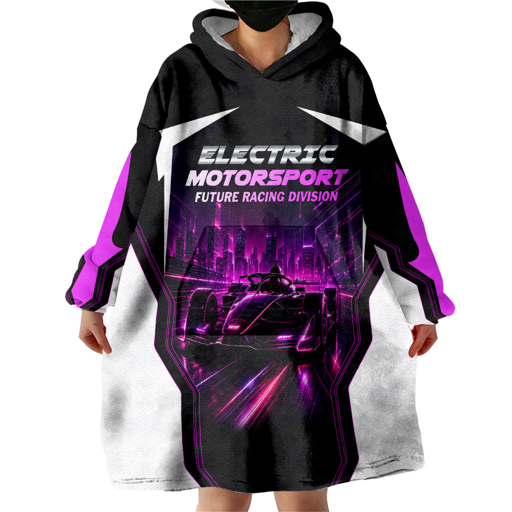 Electric Motorsport Racing Wearable Blanket Hoodie Futuristic Neon Formula Race Car Skyline Art