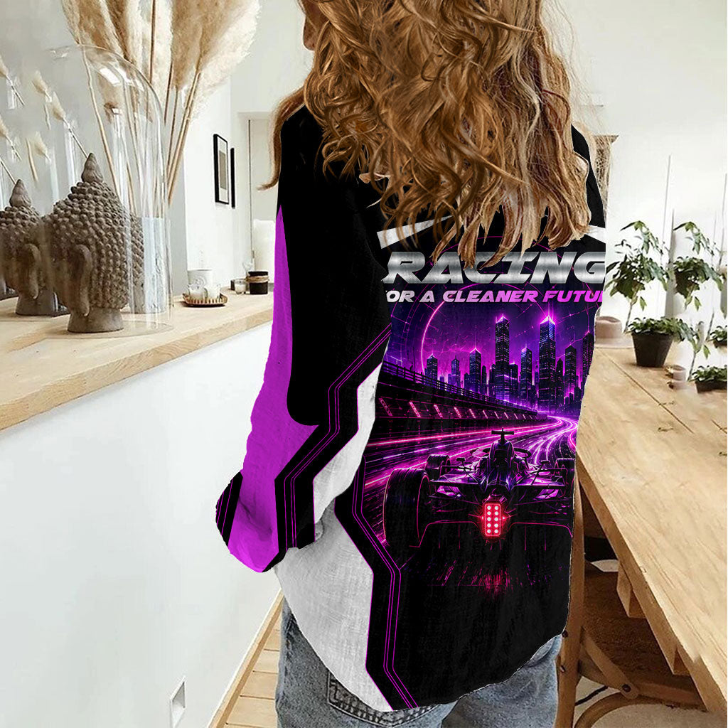 Electric Motorsport Racing Women Casual Shirt Futuristic Neon Formula Race Car Skyline Art