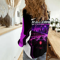 Electric Motorsport Racing Women Casual Shirt Futuristic Neon Formula Race Car Skyline Art