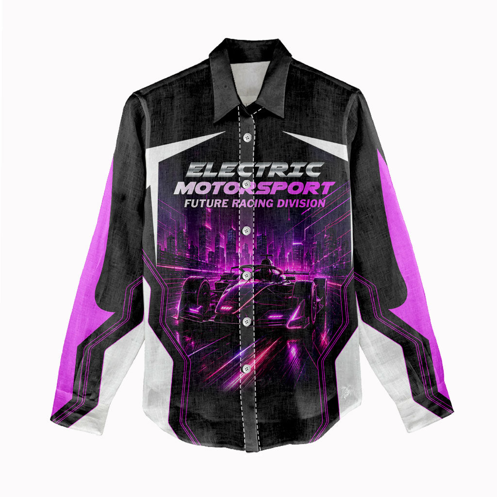 Electric Motorsport Racing Women Casual Shirt Futuristic Neon Formula Race Car Skyline Art