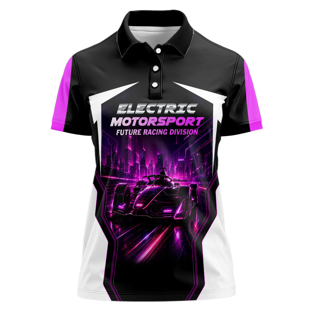 Electric Motorsport Racing Women Polo Shirt Futuristic Neon Formula Race Car Skyline Art