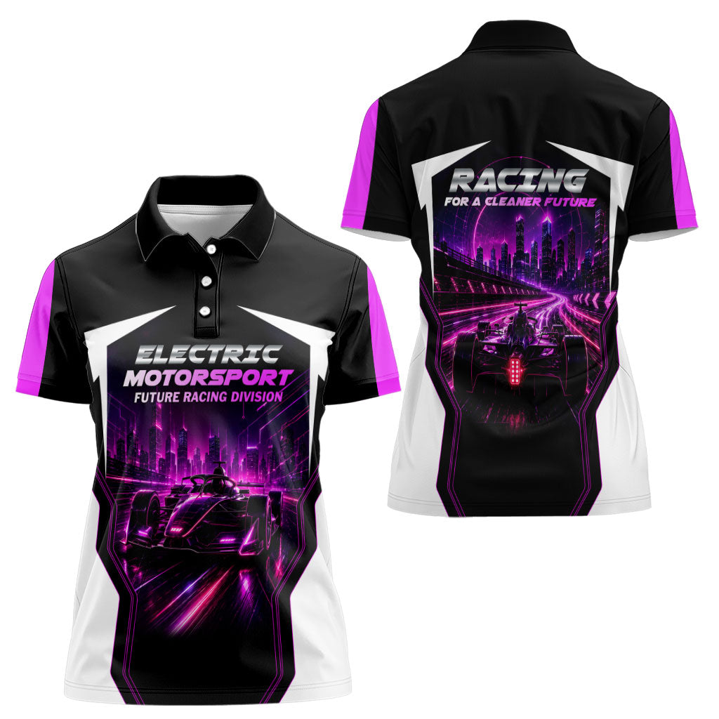 Electric Motorsport Racing Women Polo Shirt Futuristic Neon Formula Race Car Skyline Art