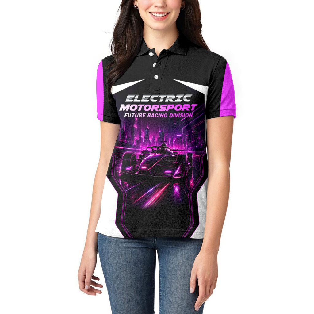 Electric Motorsport Racing Women Polo Shirt Futuristic Neon Formula Race Car Skyline Art