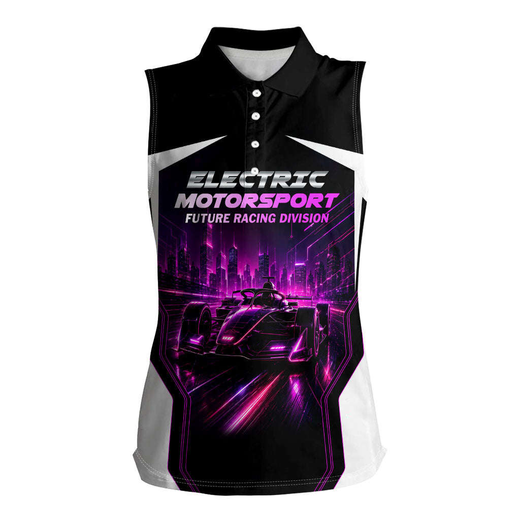 Electric Motorsport Racing Women Sleeveless Polo Shirt Futuristic Neon Formula Race Car Skyline Art