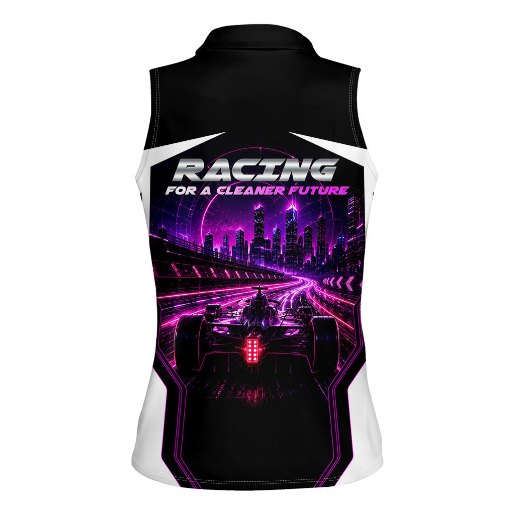 Electric Motorsport Racing Women Sleeveless Polo Shirt Futuristic Neon Formula Race Car Skyline Art