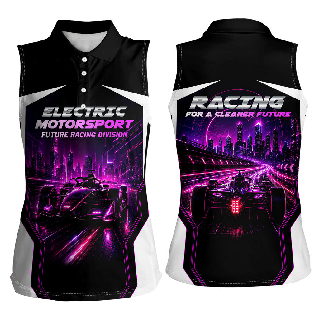 Electric Motorsport Racing Women Sleeveless Polo Shirt Futuristic Neon Formula Race Car Skyline Art