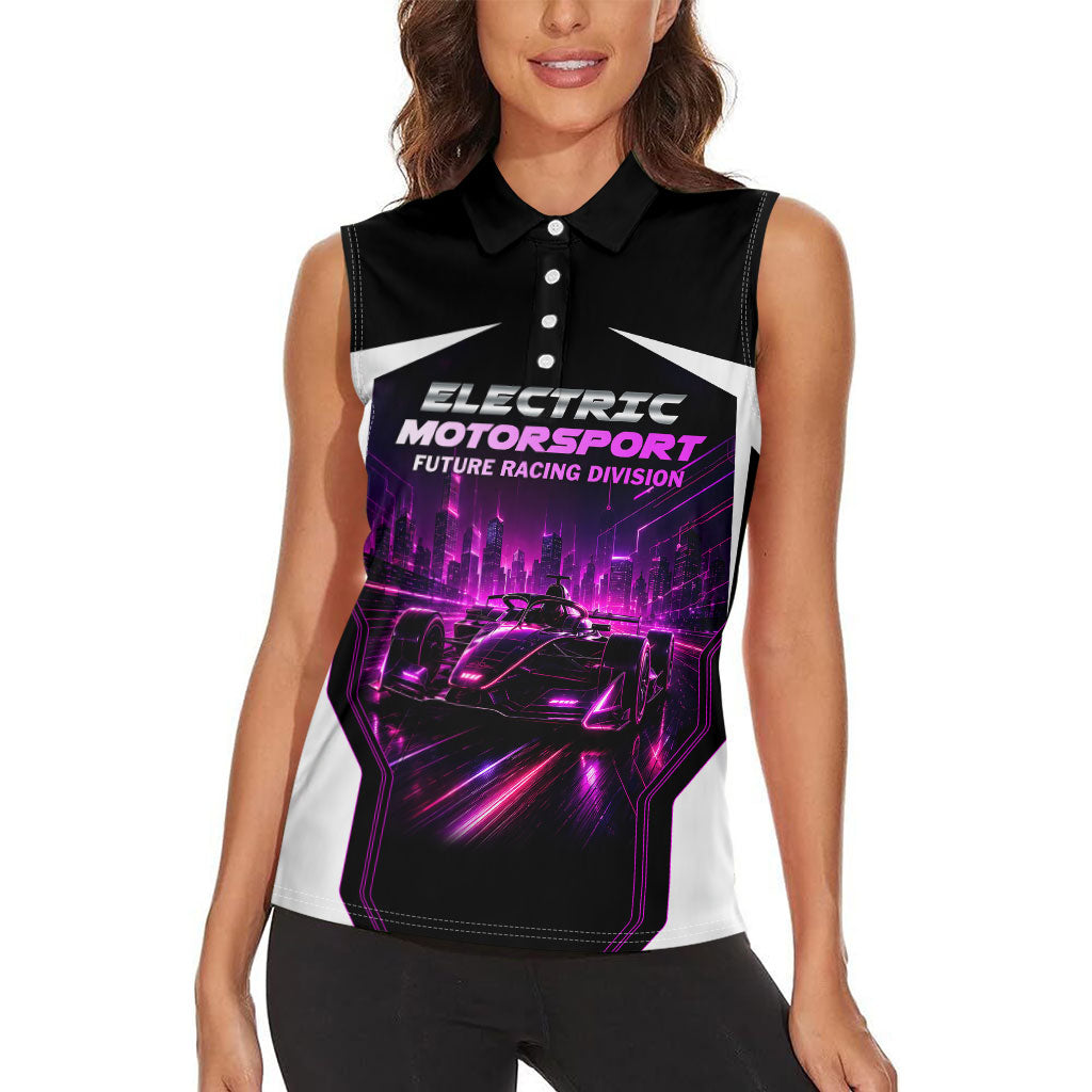 Electric Motorsport Racing Women Sleeveless Polo Shirt Futuristic Neon Formula Race Car Skyline Art