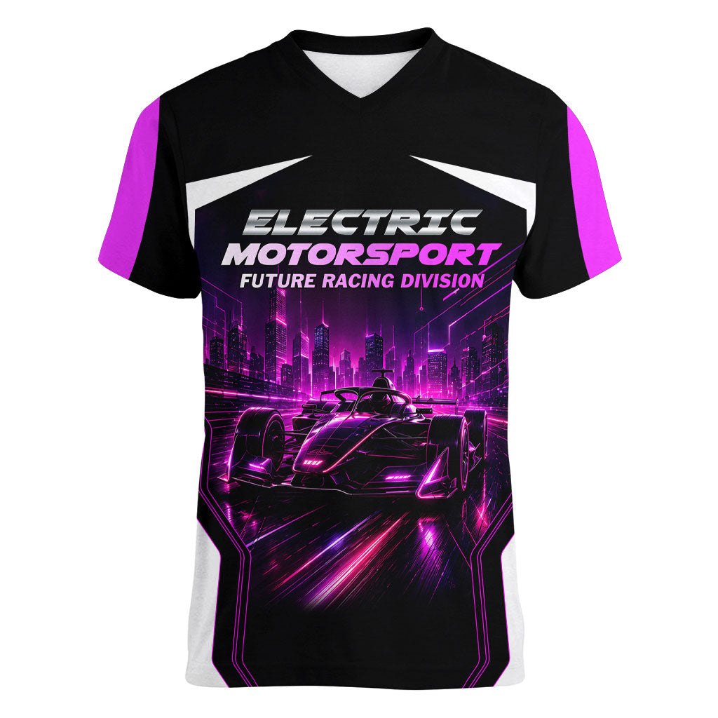 Electric Motorsport Racing Women V-Neck T-Shirt Futuristic Neon Formula Race Car Skyline Art