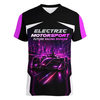 Electric Motorsport Racing Women V-Neck T-Shirt Futuristic Neon Formula Race Car Skyline Art