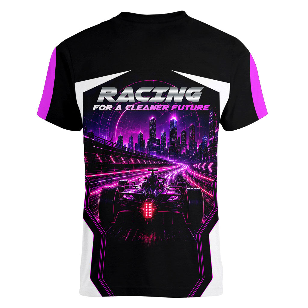Electric Motorsport Racing Women V-Neck T-Shirt Futuristic Neon Formula Race Car Skyline Art
