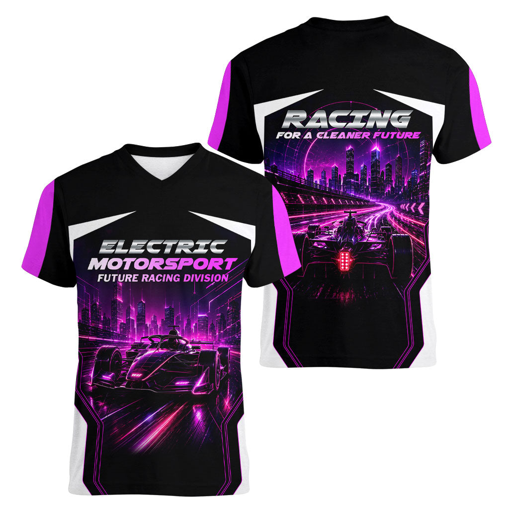 Electric Motorsport Racing Women V-Neck T-Shirt Futuristic Neon Formula Race Car Skyline Art