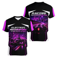 Electric Motorsport Racing Women V-Neck T-Shirt Futuristic Neon Formula Race Car Skyline Art