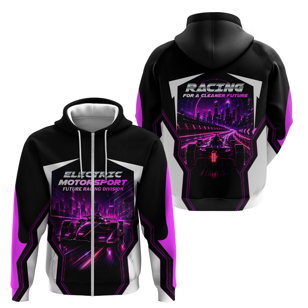 Electric Motorsport Racing Zip Hoodie Futuristic Neon Formula Race Car Skyline Art