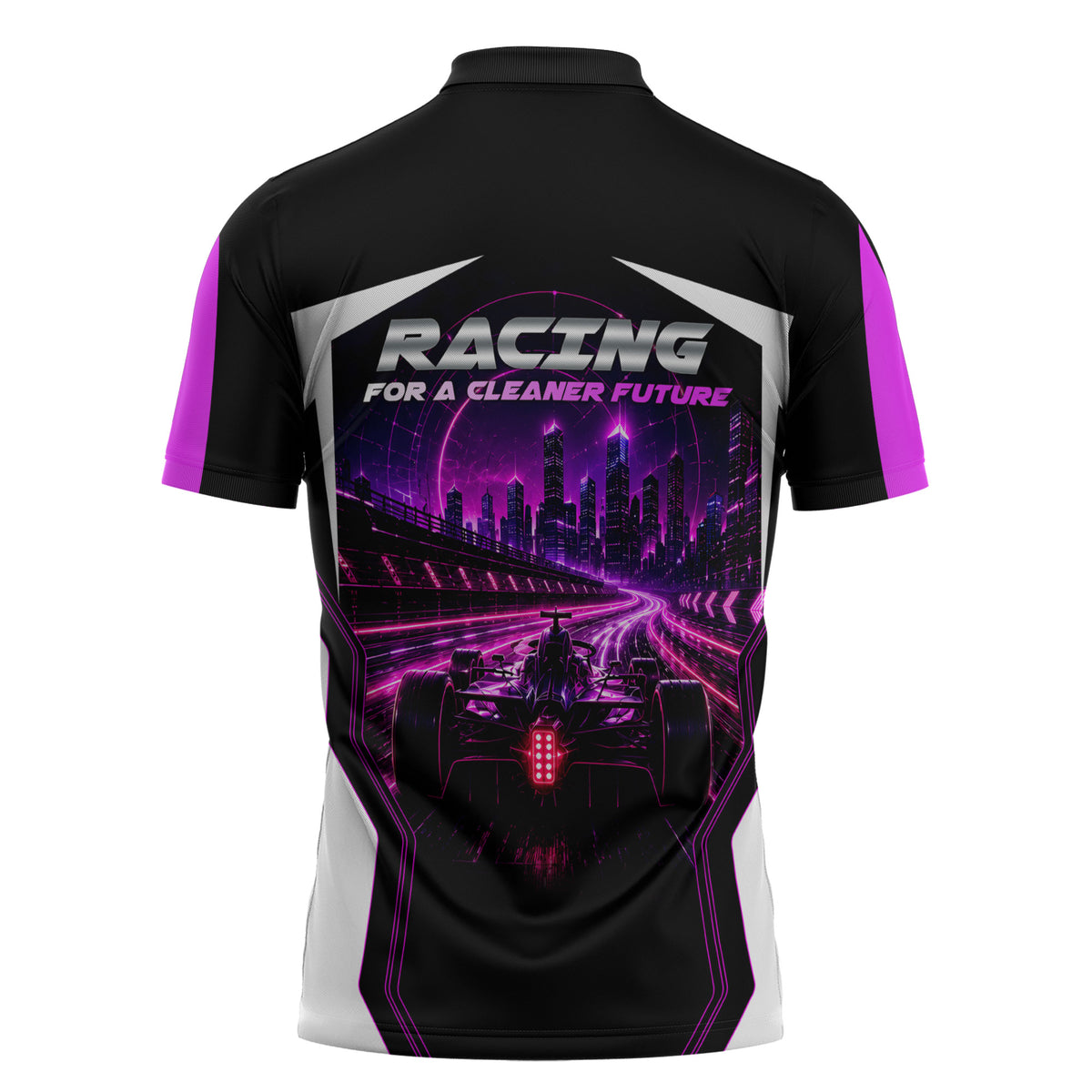 Electric Motorsport Racing Zipper Polo Shirt Futuristic Neon Formula Race Car Skyline Art