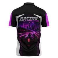 Electric Motorsport Racing Zipper Polo Shirt Futuristic Neon Formula Race Car Skyline Art
