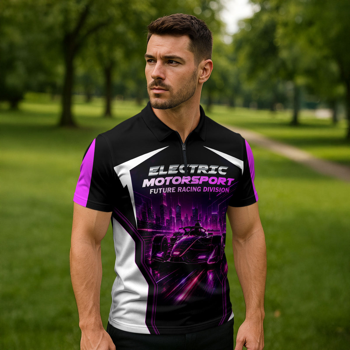 Electric Motorsport Racing Zipper Polo Shirt Futuristic Neon Formula Race Car Skyline Art