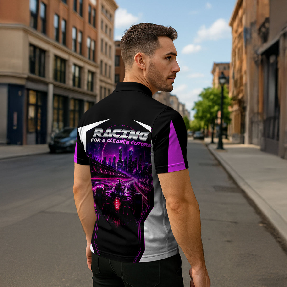 Electric Motorsport Racing Zipper Polo Shirt Futuristic Neon Formula Race Car Skyline Art