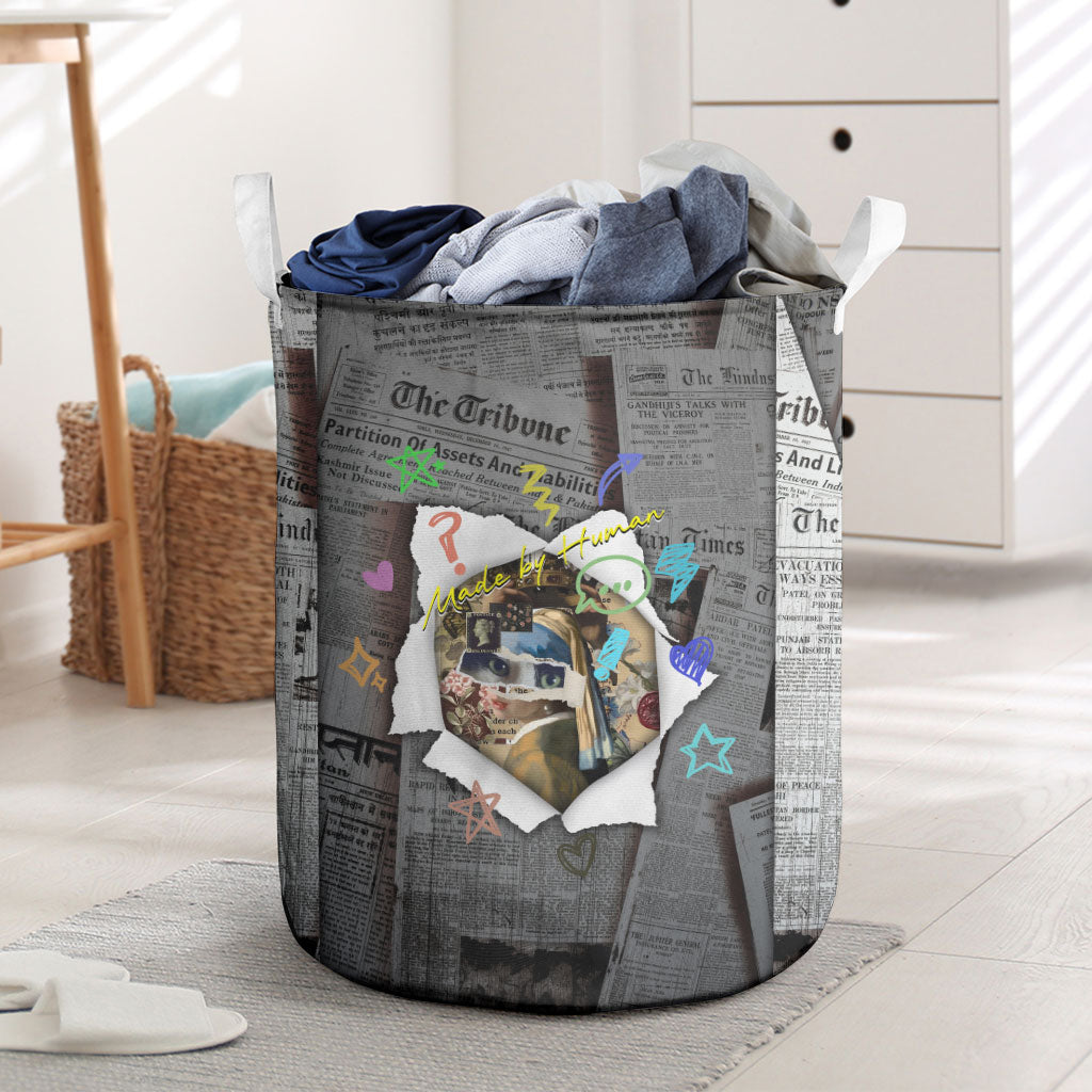Cat Girl With A Pearl Earring Newspaper Laundry Basket Made By Human Handmade Mixed Media Pop Art