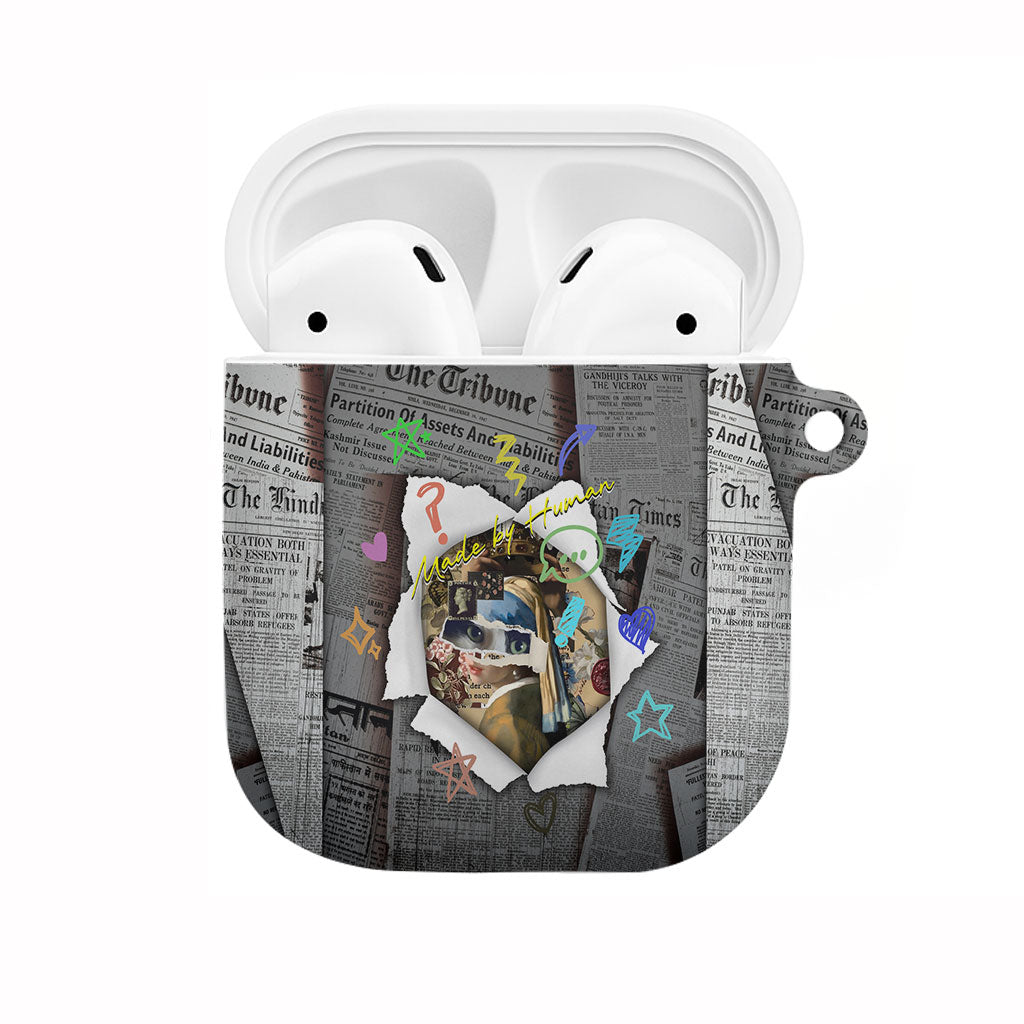 Cat Girl With A Pearl Earring Newspaper AirPods Case Made By Human Handmade Mixed Media Pop Art