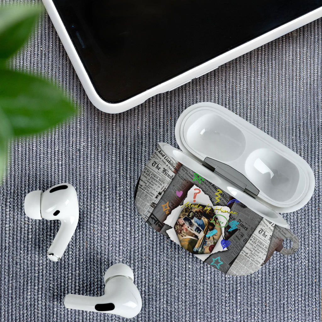 Cat Girl With A Pearl Earring Newspaper AirPods Case Made By Human Handmade Mixed Media Pop Art