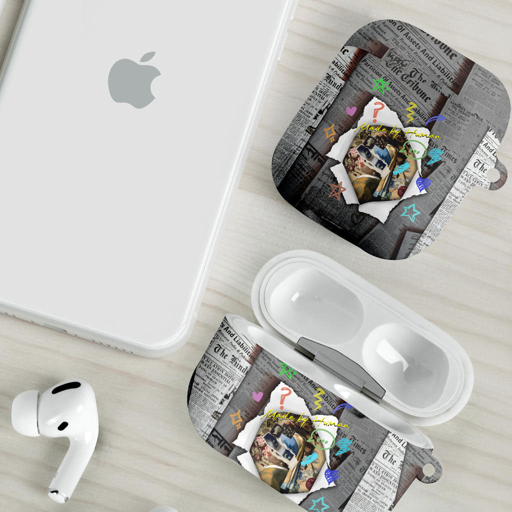 Cat Girl With A Pearl Earring Newspaper AirPods Case Made By Human Handmade Mixed Media Pop Art