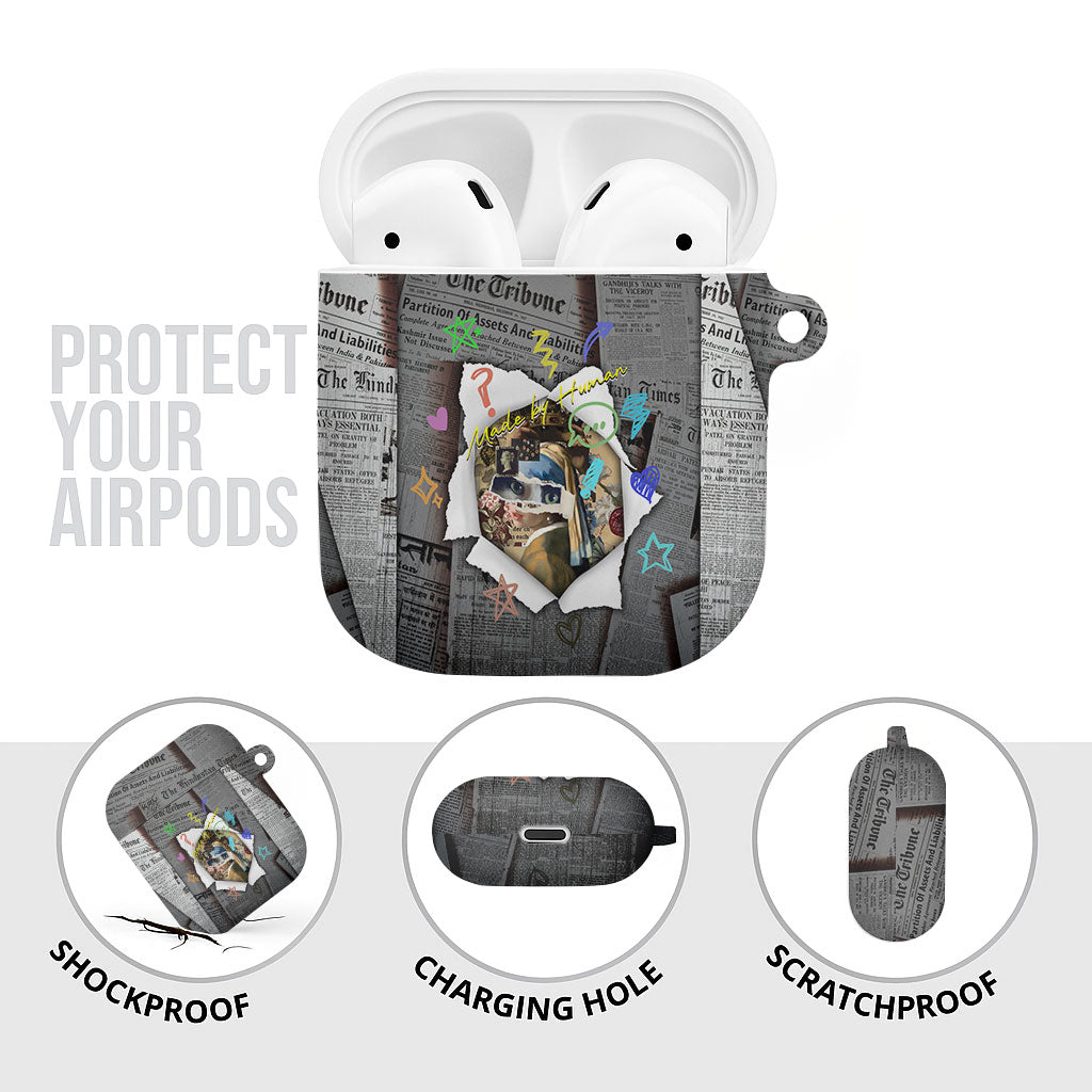 Cat Girl With A Pearl Earring Newspaper AirPods Case Made By Human Handmade Mixed Media Pop Art