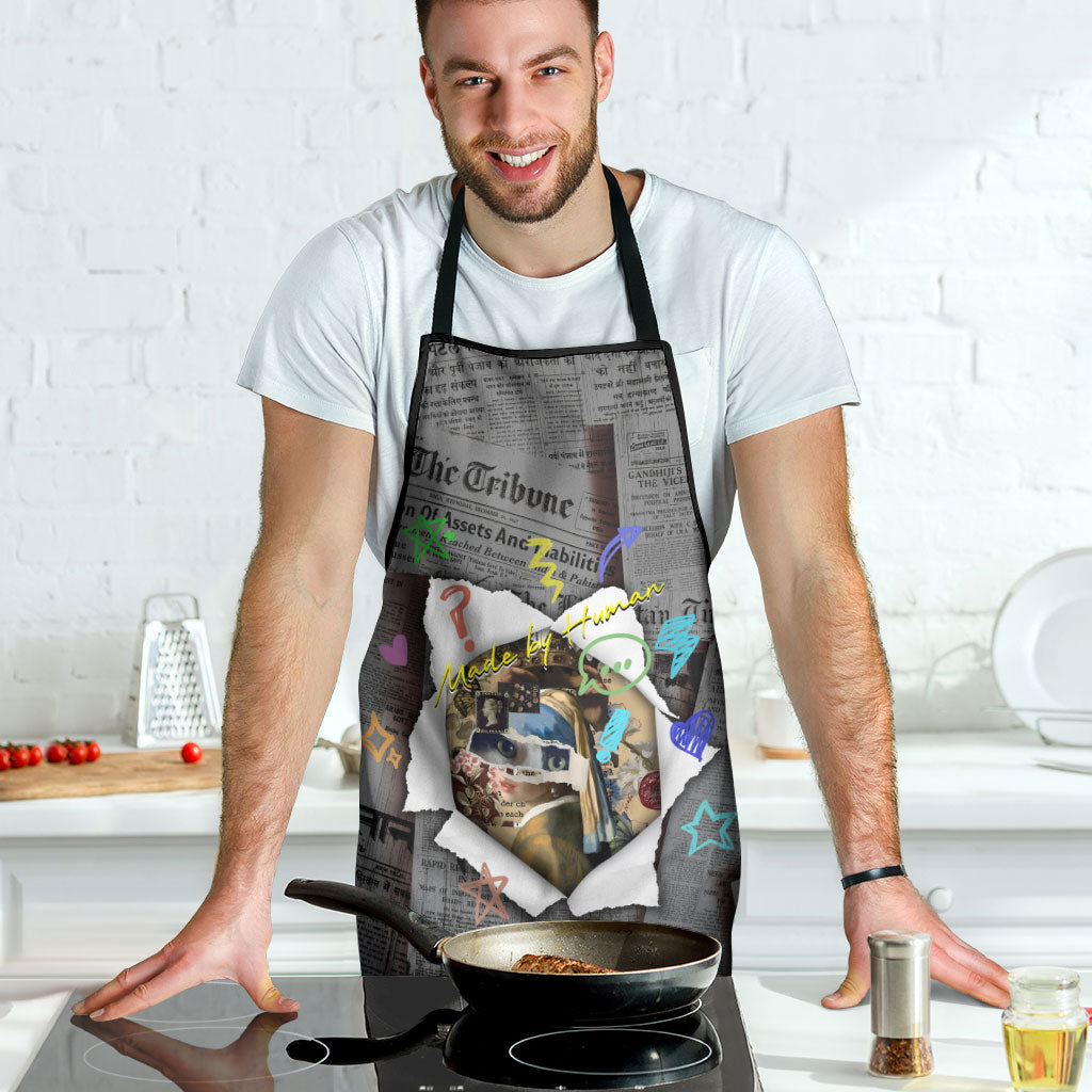 Cat Girl With A Pearl Earring Newspaper Apron Made By Human Handmade Mixed Media Pop Art
