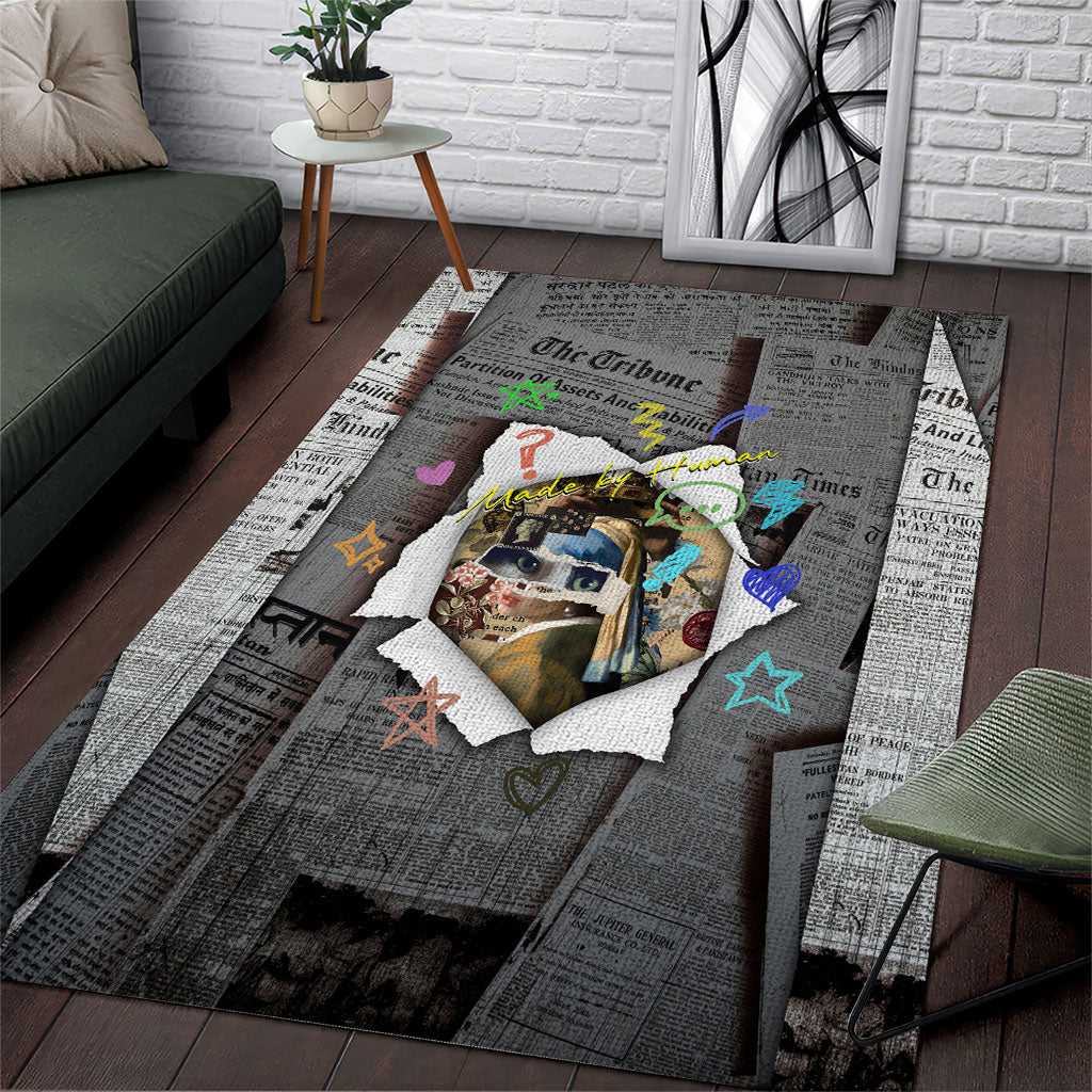 Cat Girl With A Pearl Earring Newspaper Area Rug Made By Human Handmade Mixed Media Pop Art