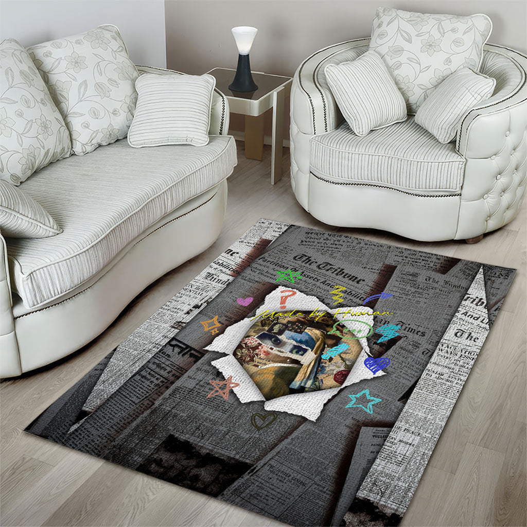 Cat Girl With A Pearl Earring Newspaper Area Rug Made By Human Handmade Mixed Media Pop Art