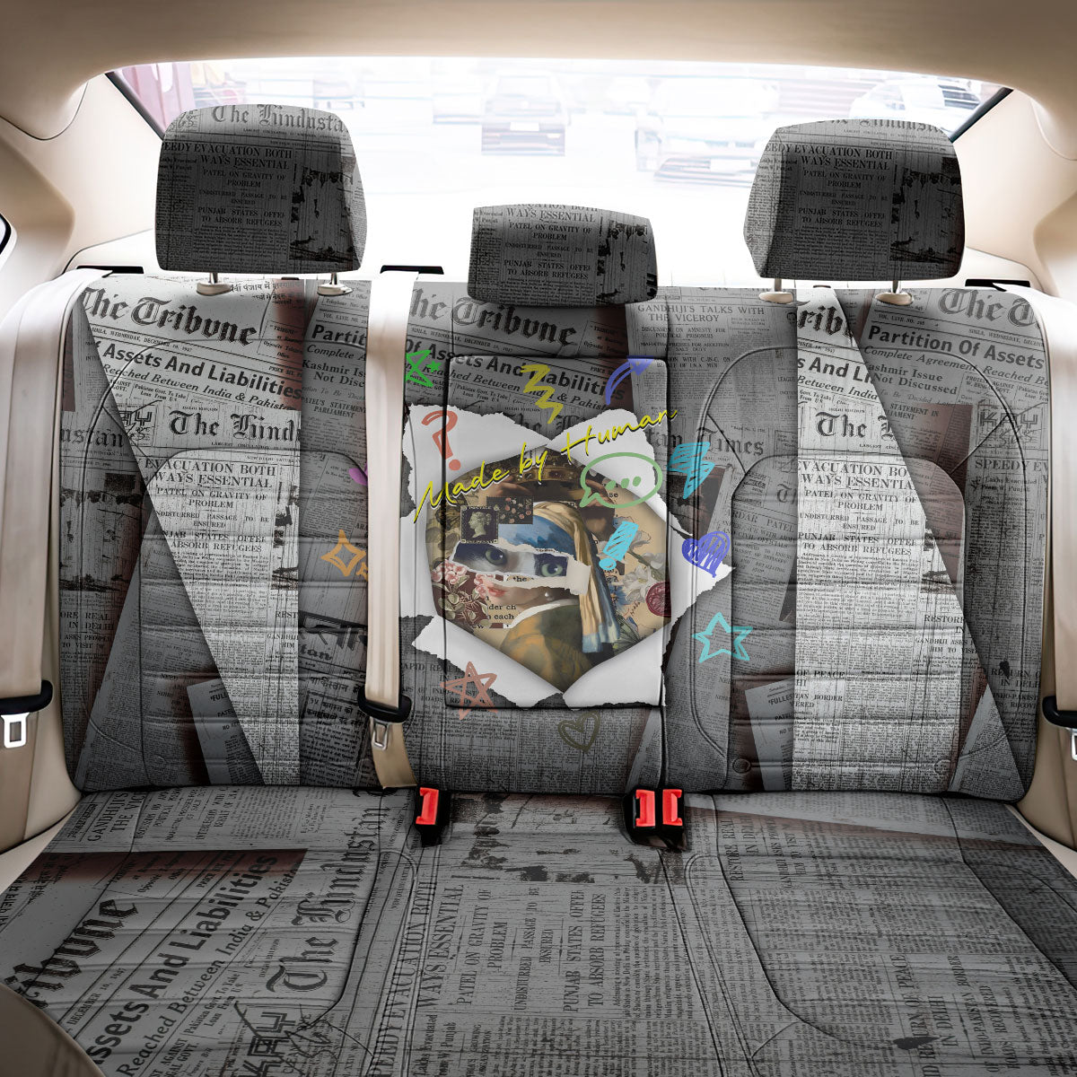Cat Girl With A Pearl Earring Newspaper Back Car Seat Cover Made By Human Handmade Mixed Media Pop Art