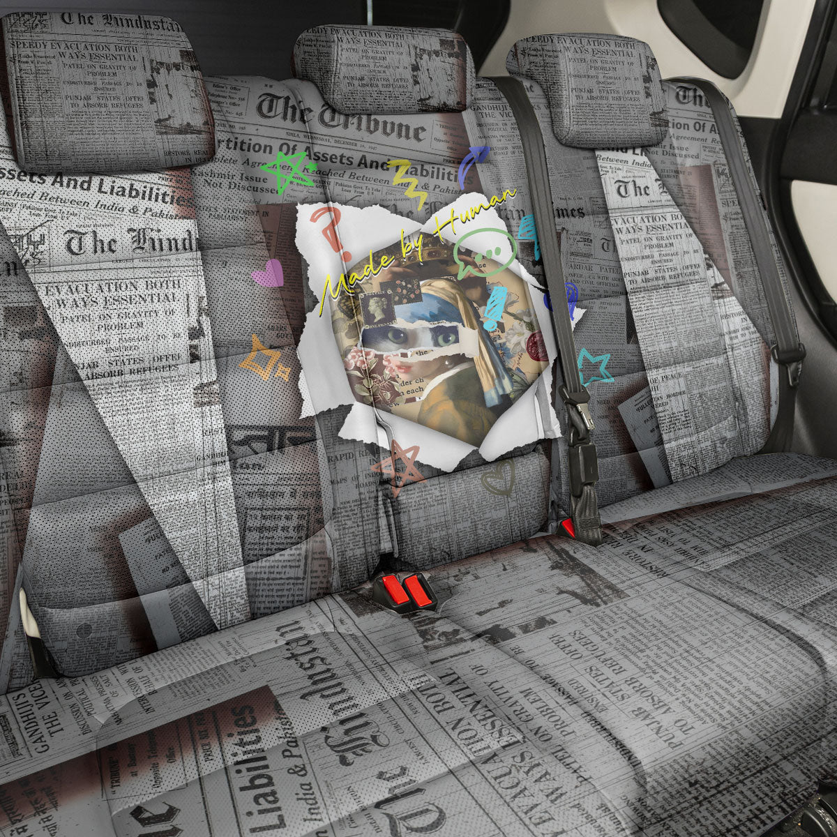 Cat Girl With A Pearl Earring Newspaper Back Car Seat Cover Made By Human Handmade Mixed Media Pop Art