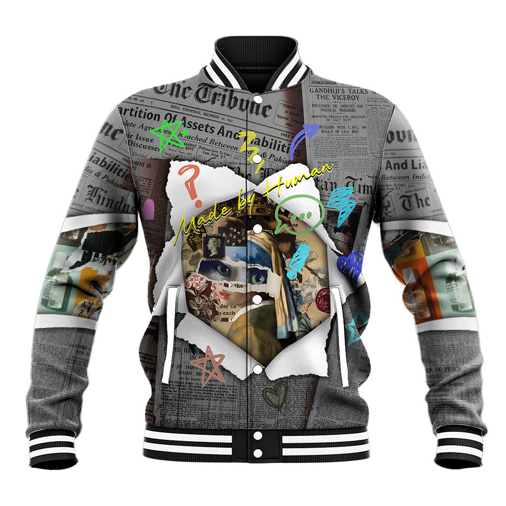Cat Girl With A Pearl Earring Newspaper Baseball Jacket Made By Human Handmade Mixed Media Pop Art