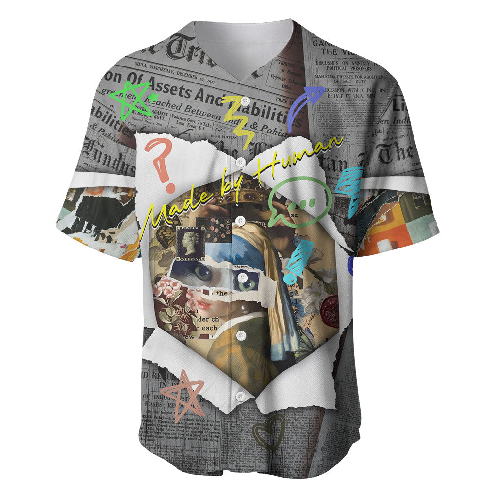 Cat Girl With A Pearl Earring Newspaper Baseball Jersey Made By Human Handmade Mixed Media Pop Art