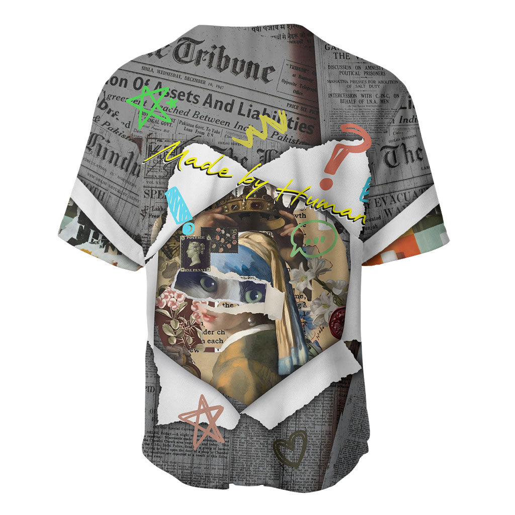 Cat Girl With A Pearl Earring Newspaper Baseball Jersey Made By Human Handmade Mixed Media Pop Art