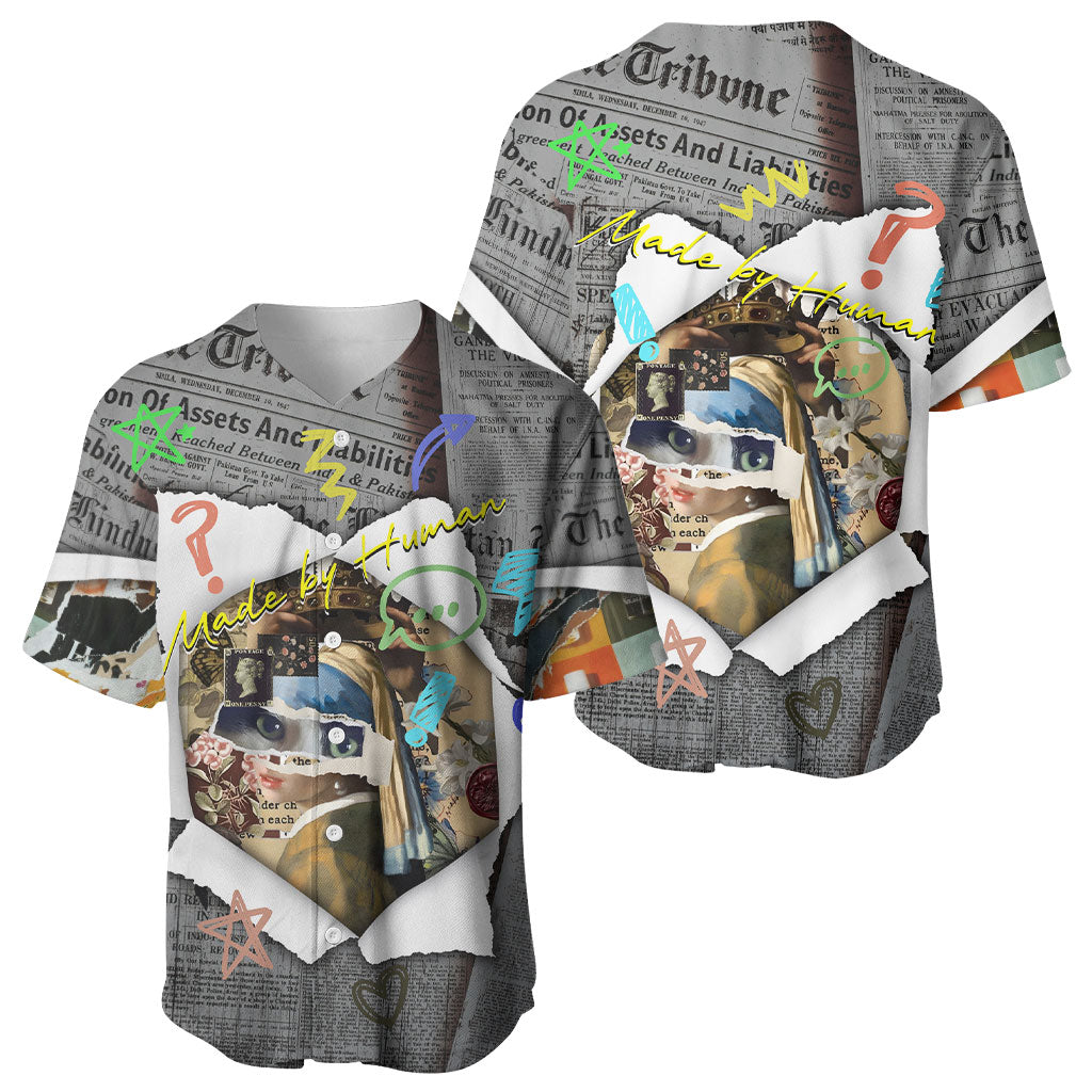 Cat Girl With A Pearl Earring Newspaper Baseball Jersey Made By Human Handmade Mixed Media Pop Art