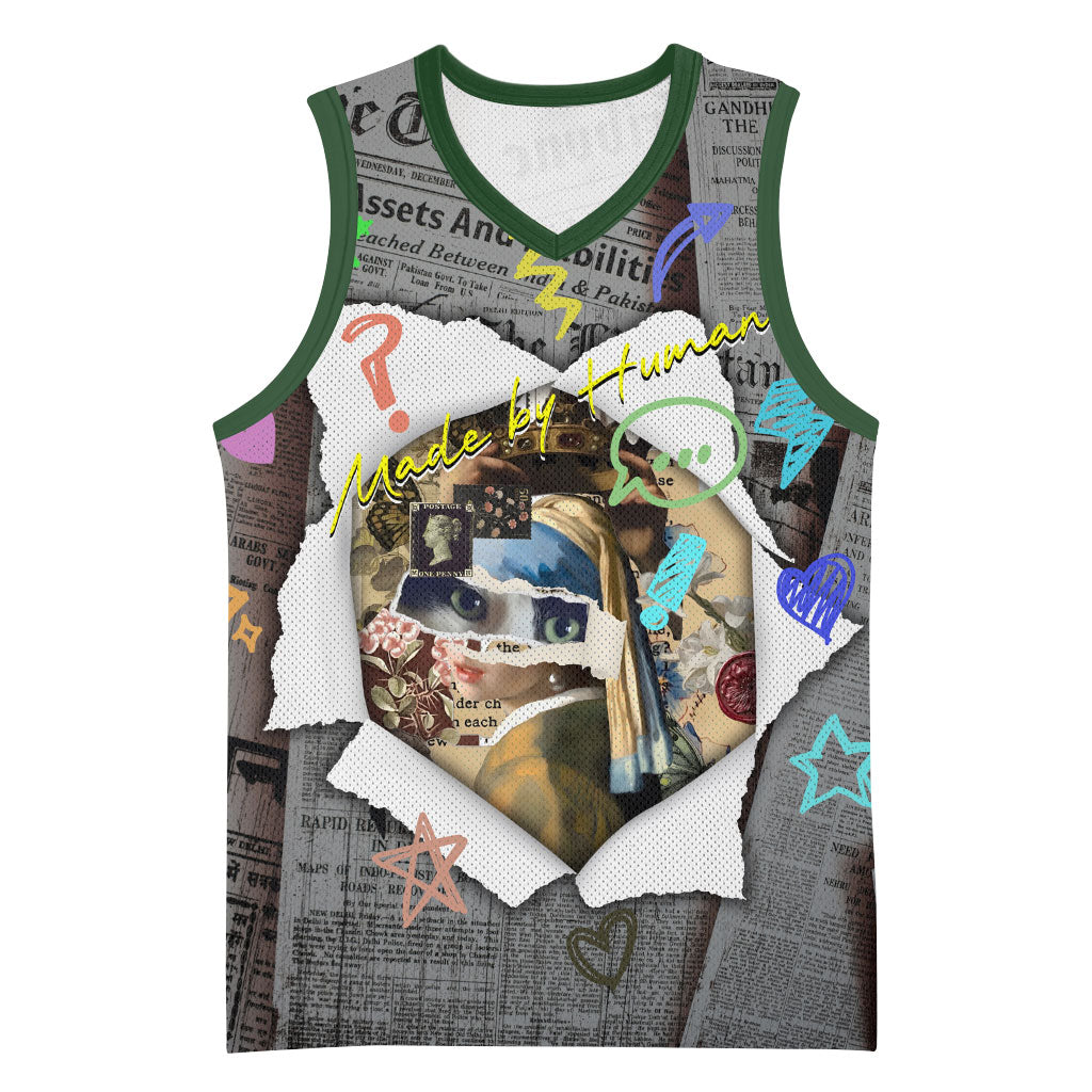 Cat Girl With A Pearl Earring Newspaper Basketball Jersey Made By Human Handmade Mixed Media Pop Art