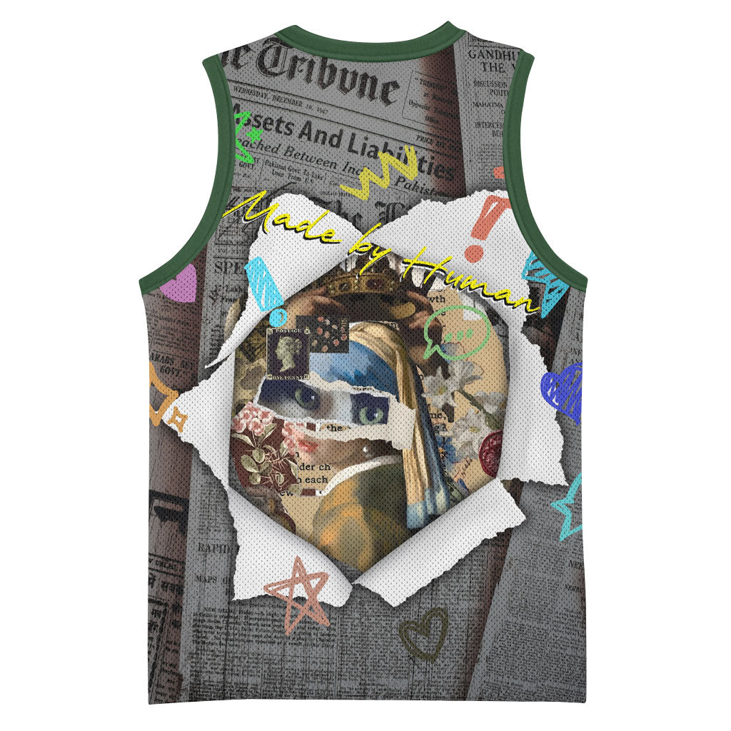 Cat Girl With A Pearl Earring Newspaper Basketball Jersey Made By Human Handmade Mixed Media Pop Art