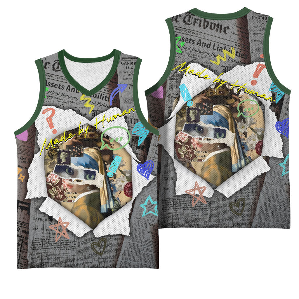 Cat Girl With A Pearl Earring Newspaper Basketball Jersey Made By Human Handmade Mixed Media Pop Art