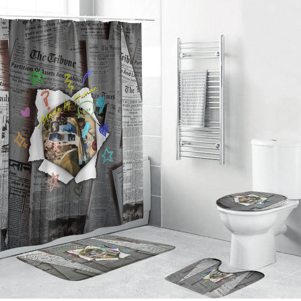 Cat Girl With A Pearl Earring Newspaper Bathroom Set Made By Human Handmade Mixed Media Pop Art