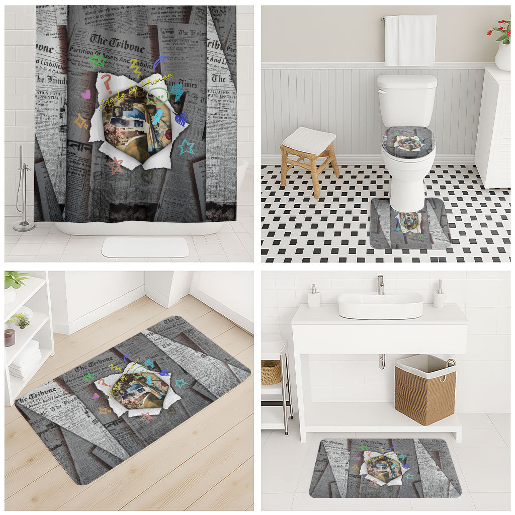 Cat Girl With A Pearl Earring Newspaper Bathroom Set Made By Human Handmade Mixed Media Pop Art